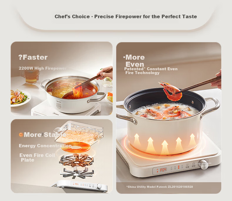 Midea Household Induction Cooker, Ceramic Cooktop, Battery Stove, 2200W High Power, Intense Heat, New Electromagnetic Stove with Integrated Microcrystalline Panel, Stir-Fry Cooking, Timer, Hot Pot Cooker MC-HGE22BF09 2