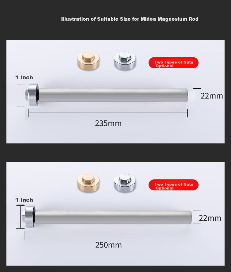Beishi Magnesium Rod for Midea Electric Water Heater, Household Hot Water Heater Magnesium Rod, 40L/50/60/65/80/100L Capacity, Drainage And Scale Removal Anode Rod, 60L + 1-Inch Electroplated Cap 2