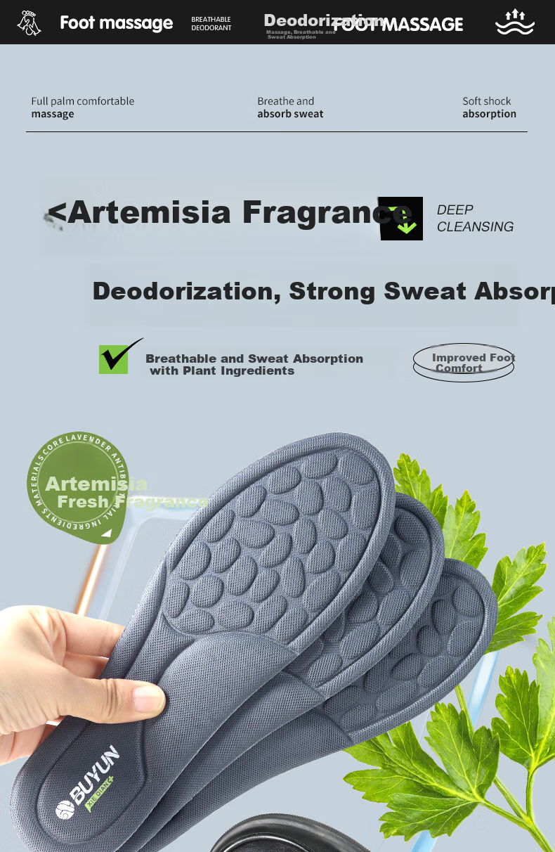 Buyun [1 Pair] Deodorant Insoles for Men, Shock Absorption, Sweat-Absorbing, Breathable, Non-Slip, Military Training Deodorizing Insoles for Women's Sports and Leather Shoes 7