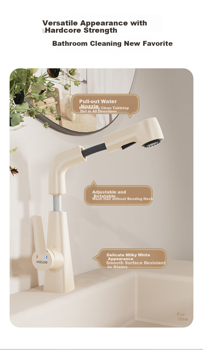 MICOE Basin Faucet Series, Adjustable Height Pull-Out Design, Cream White, Air-Cooled And Hot Water, Bathroom Sink And Washbasin Faucet 2