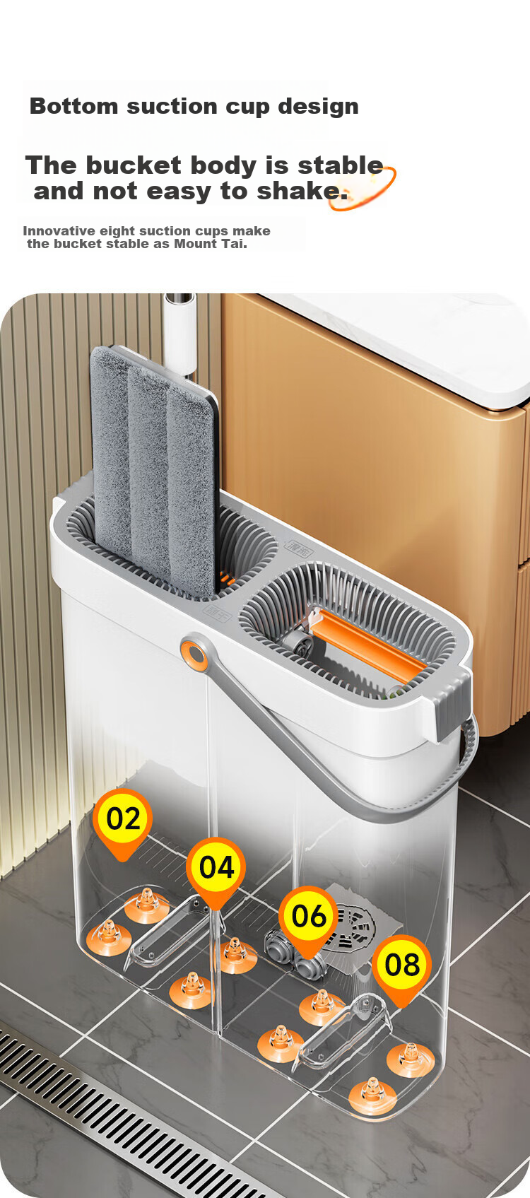 Jiabangshou Flat Mop, 40cm, 2 Cloth Pads, Household All-In No Hand Washing Required, 2026 Model with Bucket, Complete Set of Mop, Floor Cleaning Tool 8