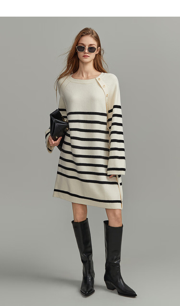Demana Minimalist Spring Autumn Crew Neck Striped Velvet Yarn Straight Asymmetric Button Mid-Length Dress for Women 4