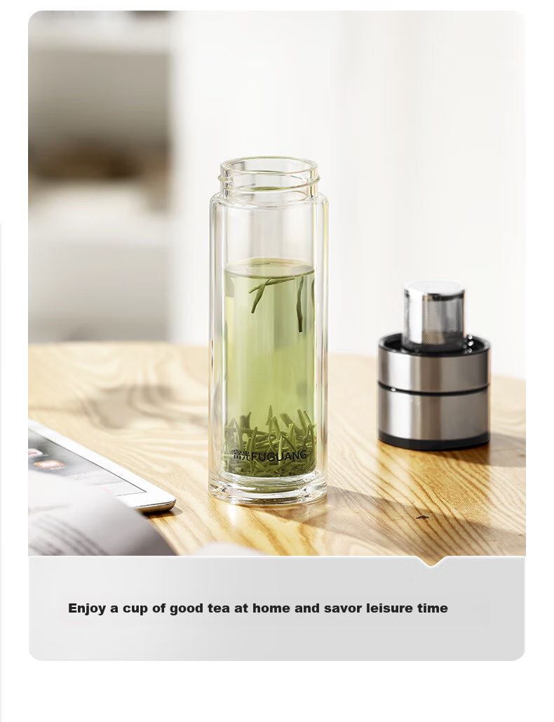Fuguang Double-Layer Glass Cup, Car-Mounted One-Touch Lid Opening Tea Infuser Cup, High Borosilicate Tea-Water Separation Water Bottle for Men And Women, 300ml 13