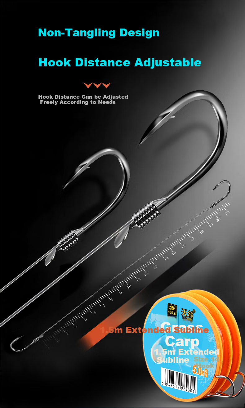 Diaoyuwang Grass Carp Fishing Line with Double Hooks, Pre-Tied for Big Fish, 1.5 Meters Long, 4.0# Yiseni 13#, 6 Sets 2