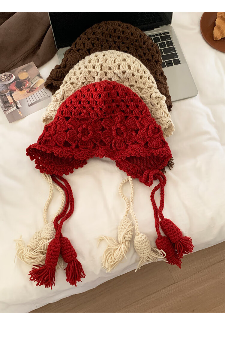 Ning'an Flower Tassel Red Wool Knit Beanie Women Autumn Winter Ear Protection Slim Face Chuanxi Travel Pullover Hat 13