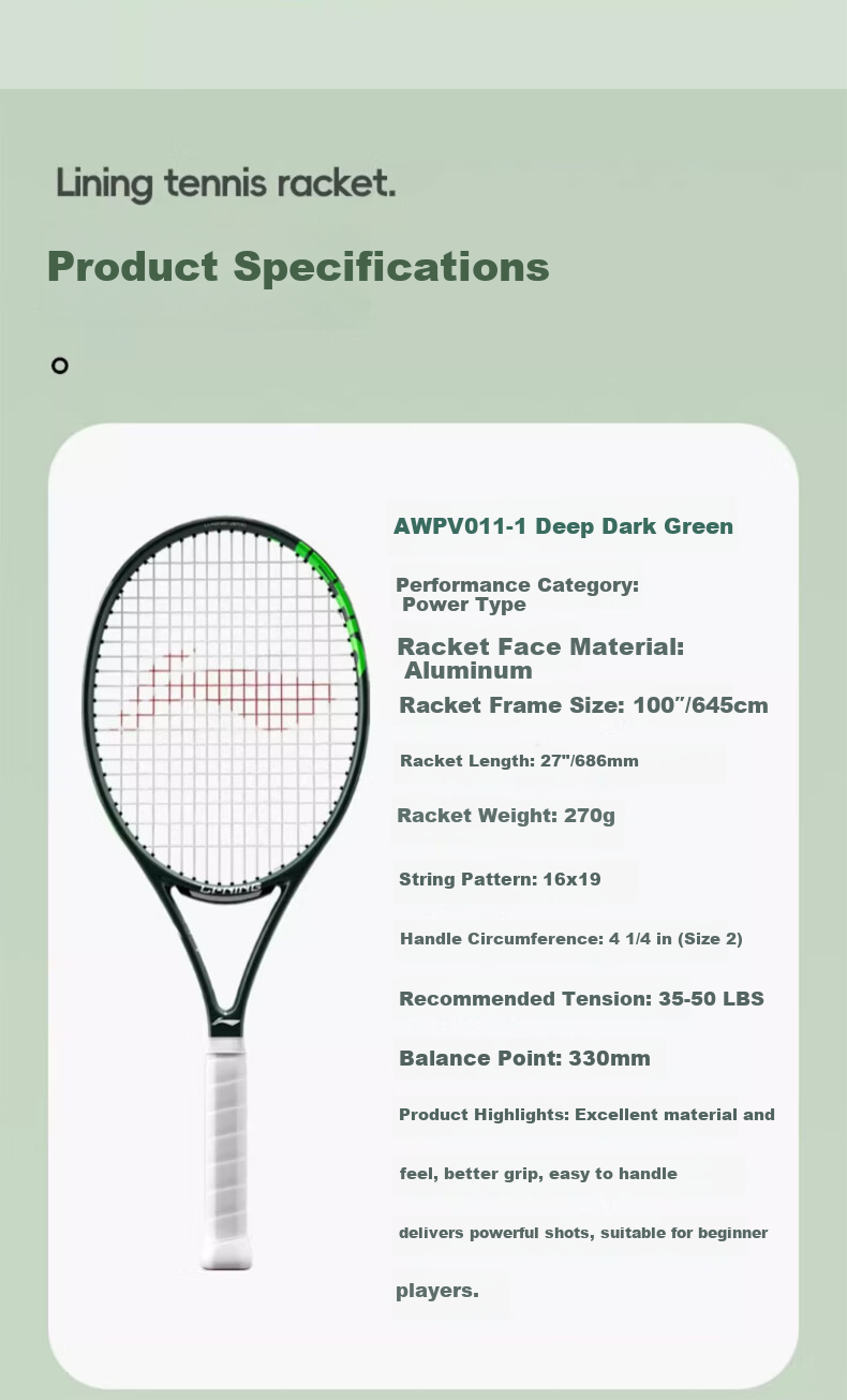 Li-Ning Tennis Racket JETIC 100 CLS Carbon Composite Ultra-Light Beginner Entry-Level Racket AWPV011 Deep Dark Gree 9