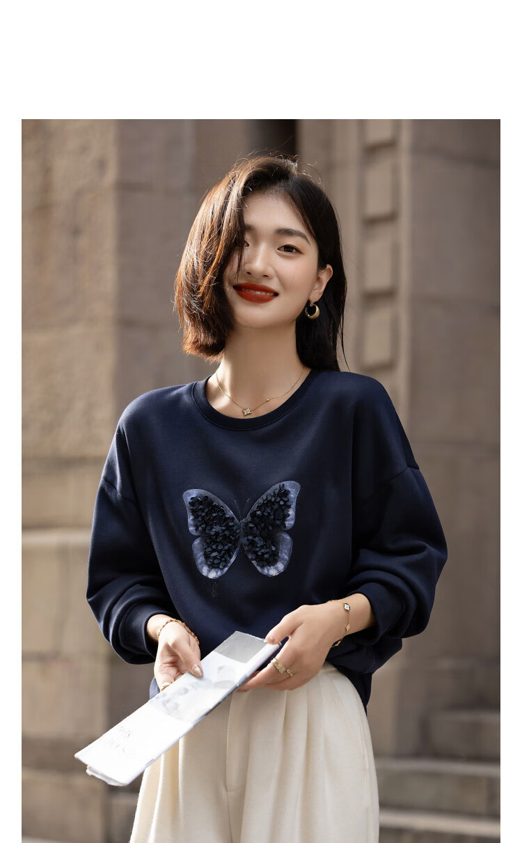 Demana [350G Thermal Outlet Fleece] Winter Crew Neck 3D Floral Butterfly Embroidered Loose Sweatshirt Top 11