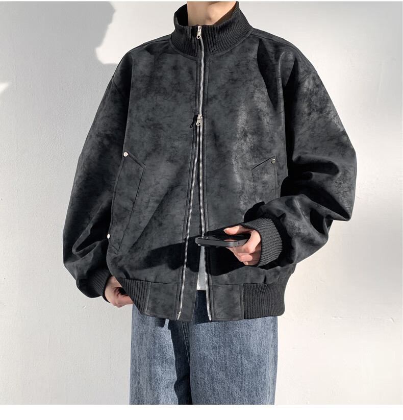 Foss Phil Men's Flight Jacket Spring Autumn Mallard Retro Stand Collar Casual Leather Jacket JK852 Coffee Color 2XL 7