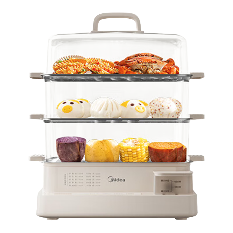 Midea Electric Steamer, 22L Three-Layer Large Capacity, Non-Coated Electric Steaming Box, Household Electric Hot Pot, Smart Multi-Purpose Cooker, 28 Seconds to Boil, Steamed Bun Pot, Full Transparent Window, ZGC322301