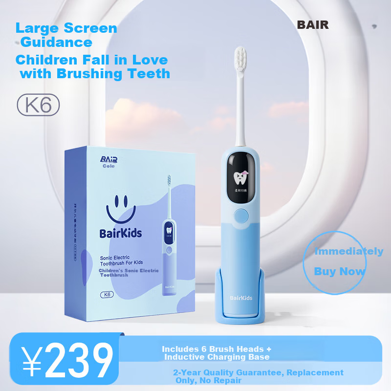 BAIR Children's Electric Toothbrush with Smart Reminder, Vibration, Full Body Scanning, for Students, Boys, Kids, Soft Bristles, Gum Protection, Sensor Charging, Ages 3-6 Gift for Children K6
