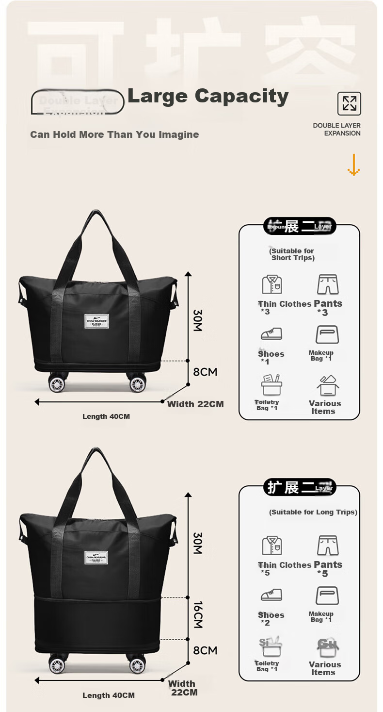 Huili Travel Bag, Large Capacity Luggage Bag for Men And Women, Lightweight Detachable Design with Universal Wheels, Expandable with Wheels, Portable And Carry-On Approved 3