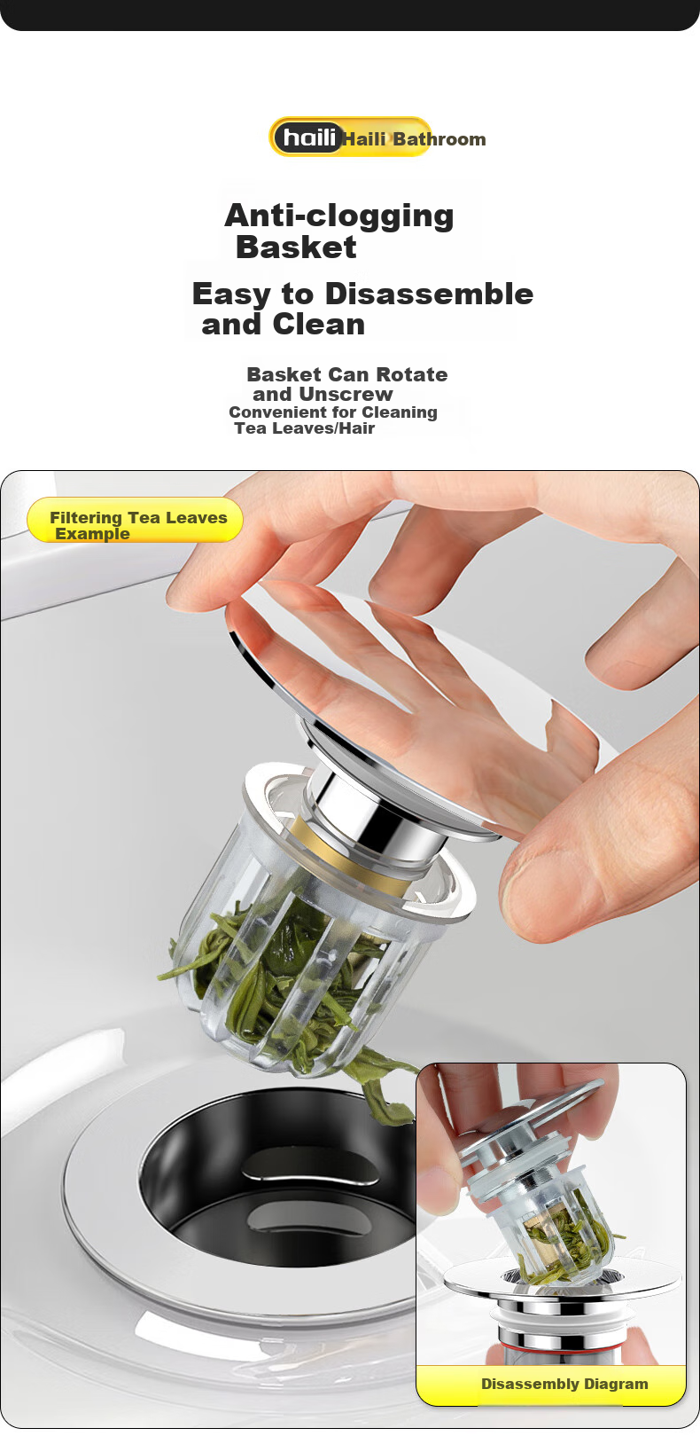 Haili Copper Sink Drain Stopper, Bathroom Countertop Drain, Pop-Up Core Filter, Anti-Odor Device X22 7