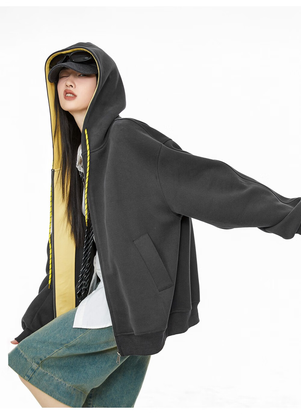 ICH MODE Women's Hoodie American Vintage Loose Fit Zip-up Sweatshirt Spring Autumn New Light Heather Gray L 42