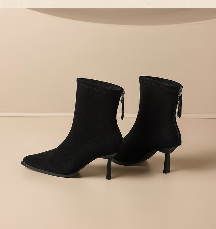 ZHR Women's High Heels [8CM Height Increase] Suede Slim Elastic Stiletto Boots with Fleece Lining Short Boots IE67A Black Size 36 13