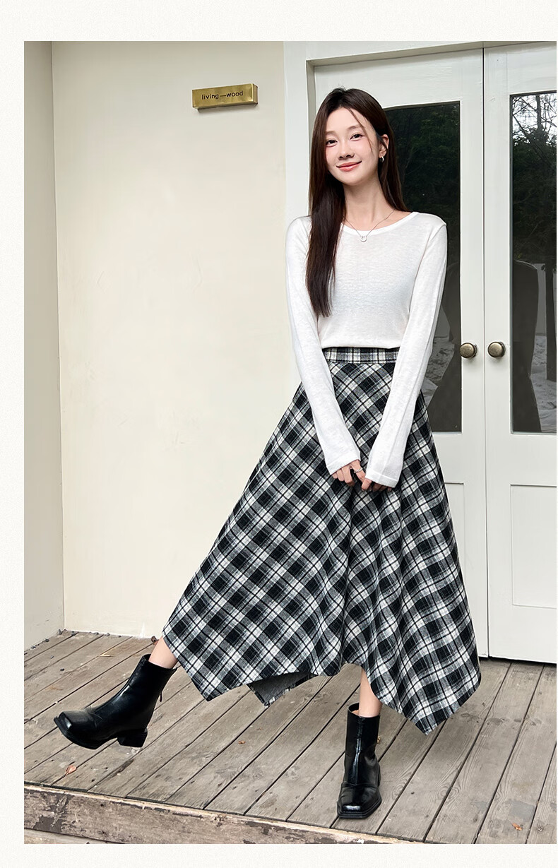 BOPRUIEY Vintage Plaid Irregular Women's Skirt 2025 New Autumn Winter A-Line Casual Mid-Length Skirt 18