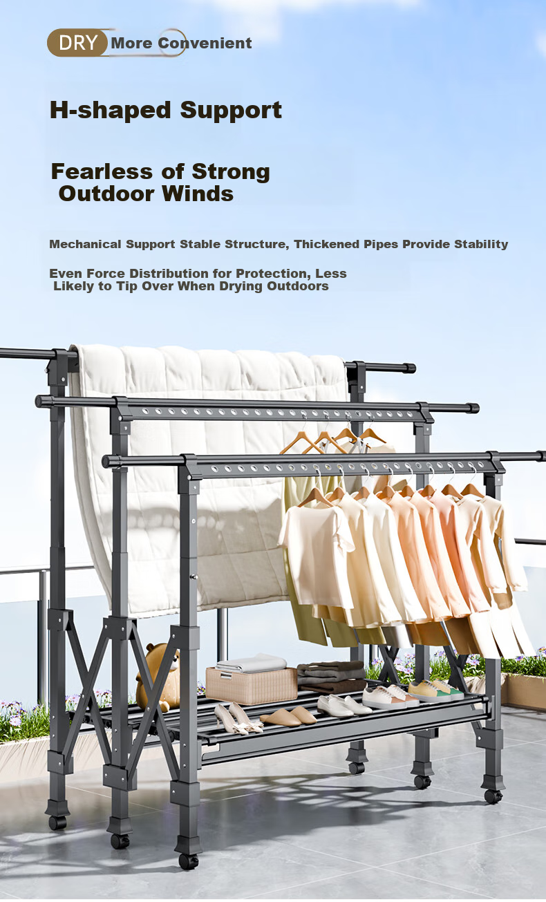 Cenggao Foldable Retractable Clothes Drying Rack, Indoor Balcony Home Use for Quilts And Clothes, Three-Pole Design, Champagne Gold Color, Large Size 7