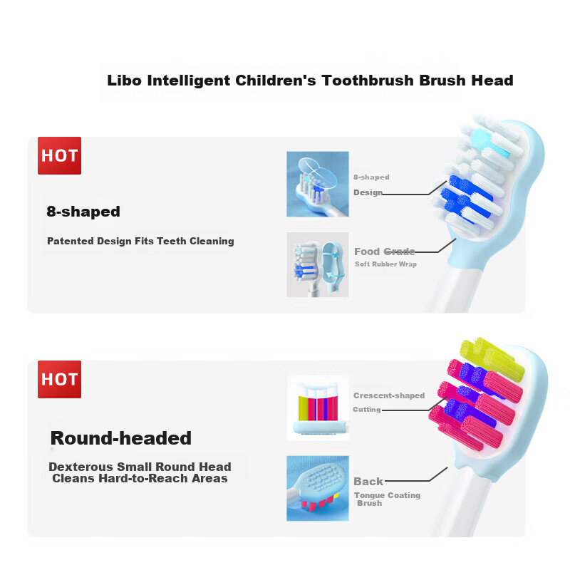 Hongmengzhixuan Libode Smart Children's Electric Toothbrush Heads, Figure-8 Shape, 2-Pack (Pink)