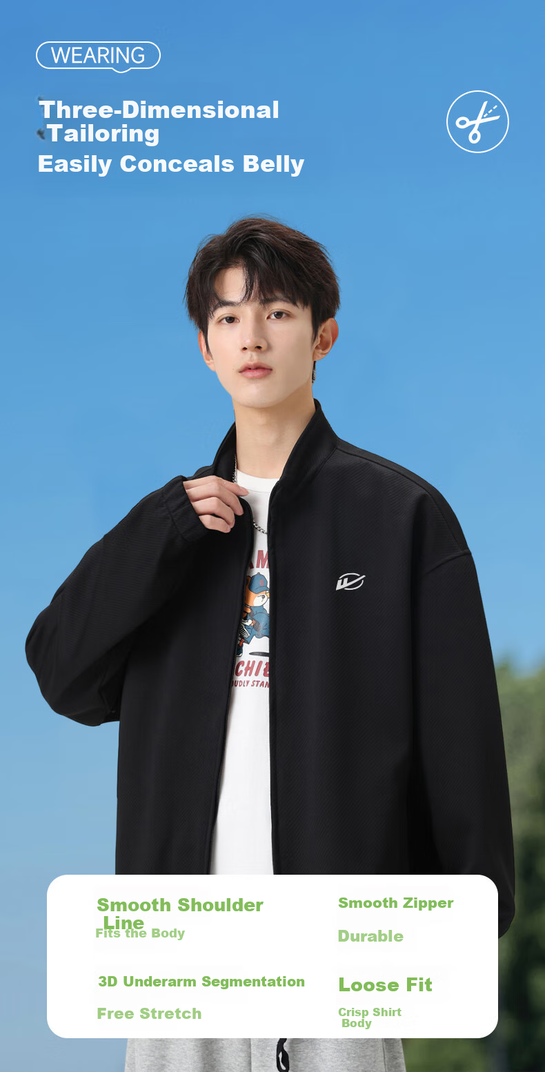 Huili Men's Jacket, Autumn Casual Simple Coat, Twill Stand Collar, Windproof Loose Versatile Outerwear for Men, Black, 3XL 6