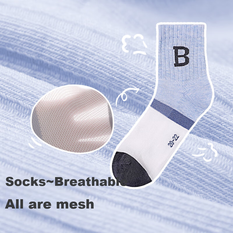Jiusuiban Children's Socks, Boys' Spring And Summer Sweat-Wicking Mesh Thin Mid-Calf Socks, Youth Student Campus Sports Odor-Resistant Cotton Socks
