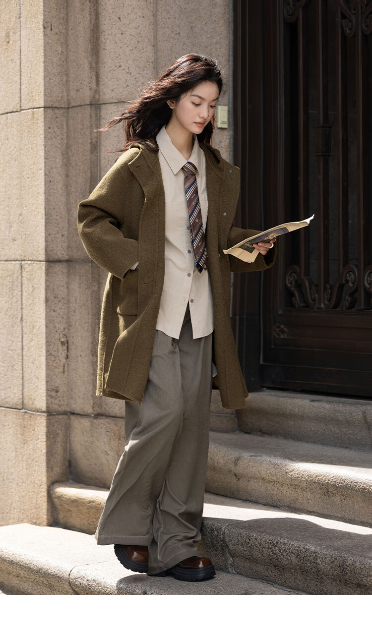 Demana College Style Winter Hooded Long Sleeve Mid-Length Wool Coat with Front Pockets and Open Placket 20