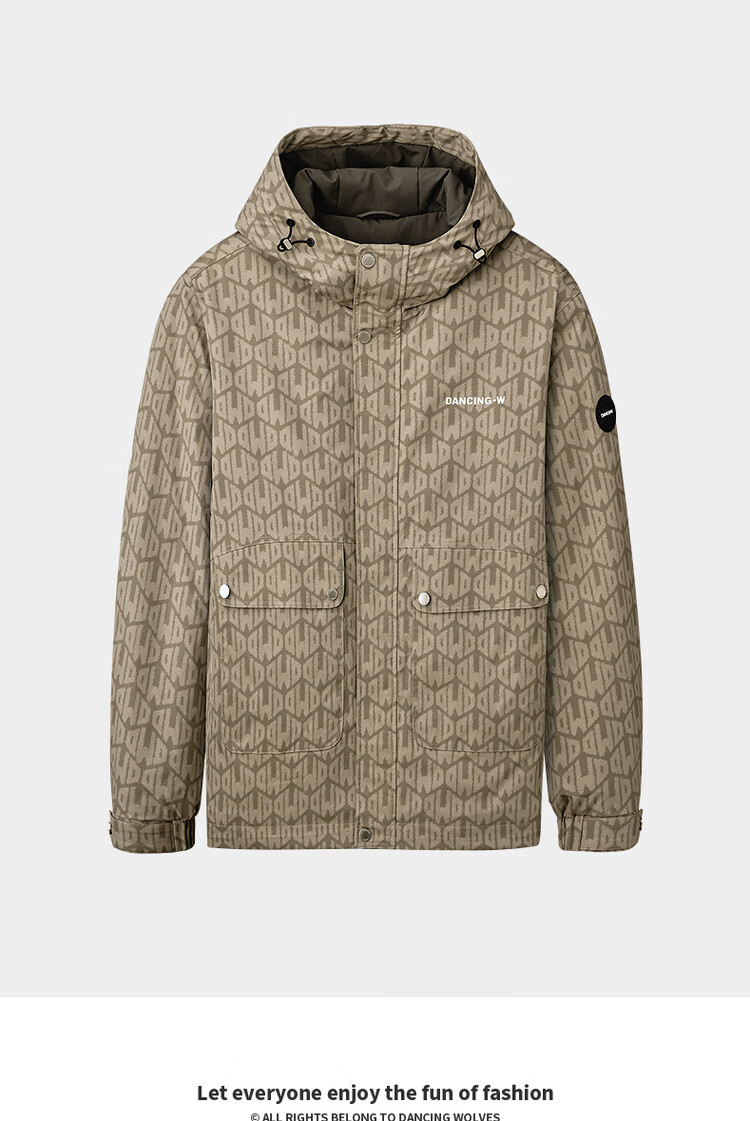 DANCING WOLVES Padded Lightweight Letter Print Fashion Men's Hooded Jacket 701 Khaki 2XL 1