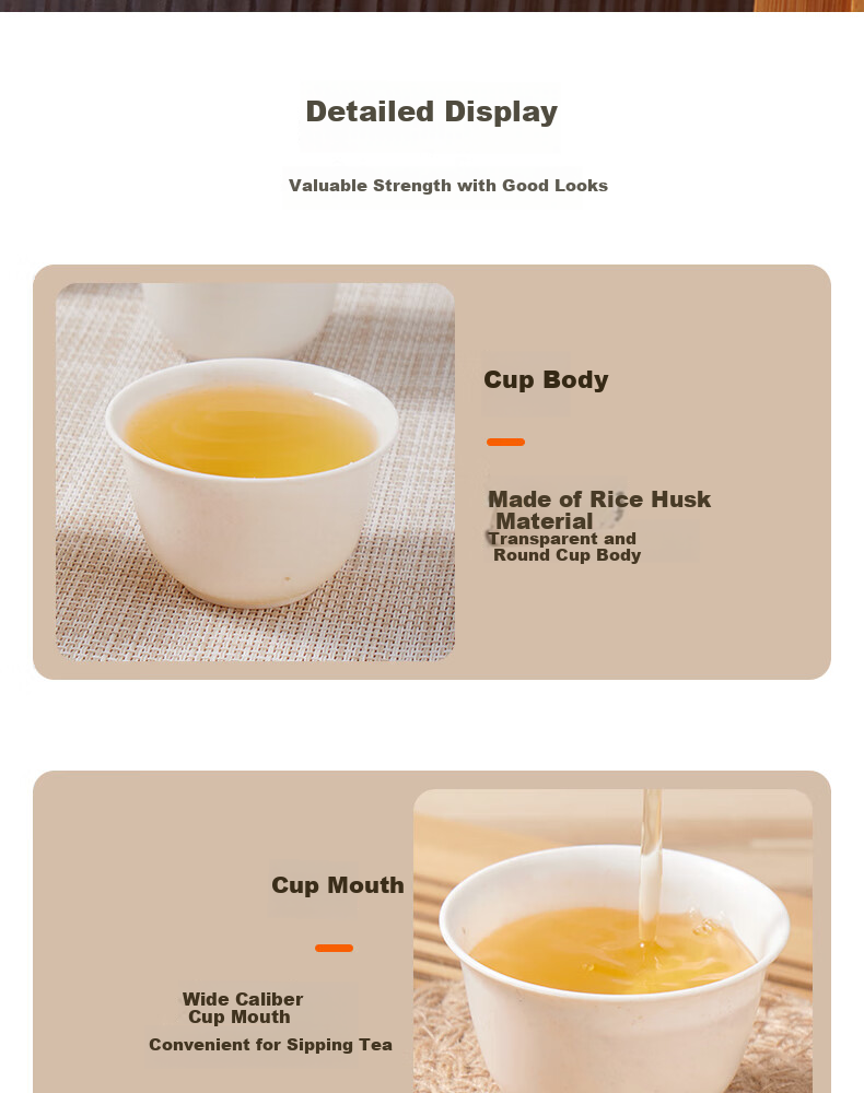 BJ Disposable Tea Cups, Kung Fu Tea 60ml Biodegradable Rice Husk Cups, High-Quality Heat-Resistant Tea Cups for Sipping, 100 Pieces + Cup Holder 12