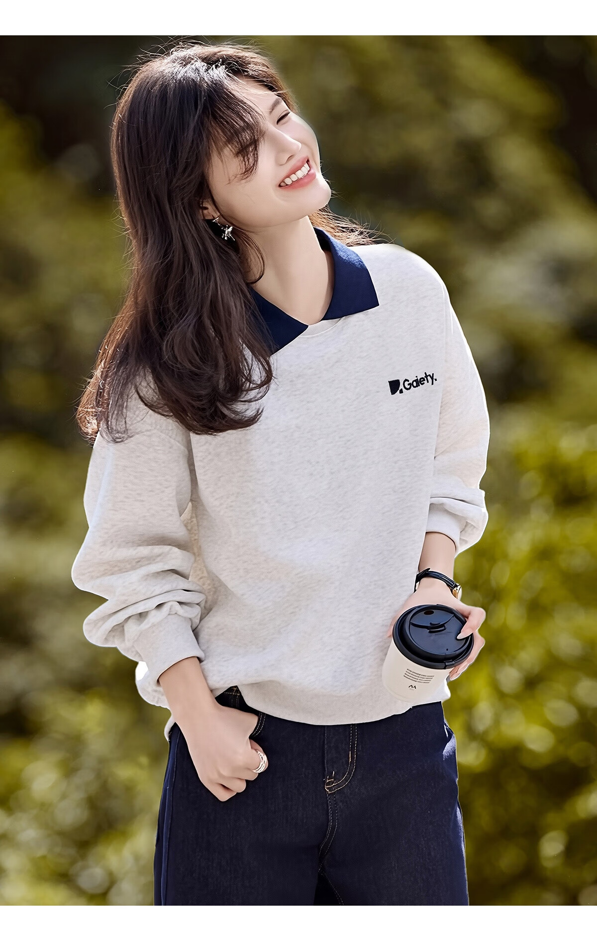 She Enjoy Fake Two-Piece Polo Collar Sweatshirt Women Color-Block Youthful Loose Casual Versatile Pullover T53W141 4
