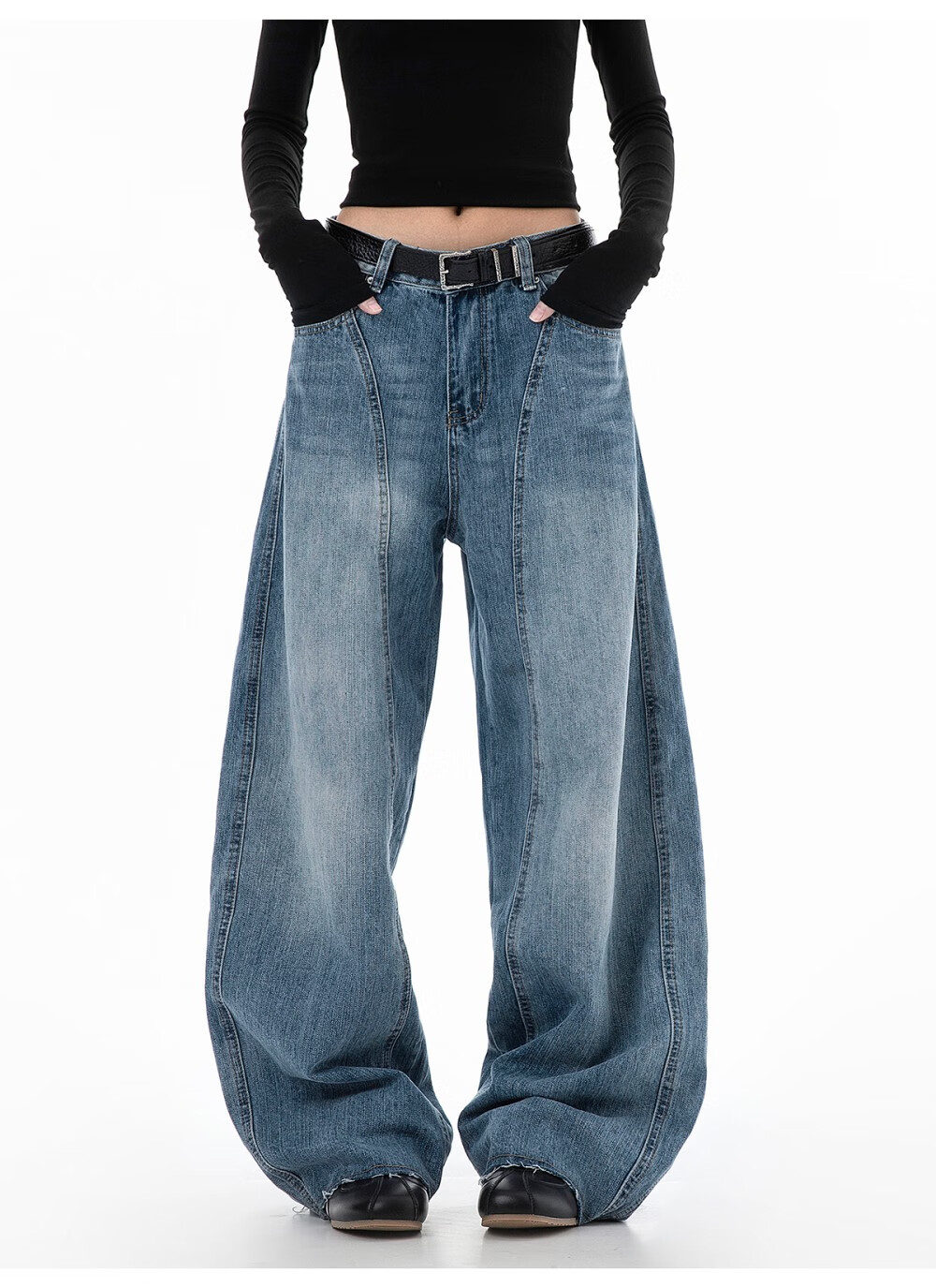 ICH MODE Women's American Vintage Washed Denim Jeans Spring Autumn Loose Straight Leg Curved Cut Casual Wide Leg Pants Blue XL 4