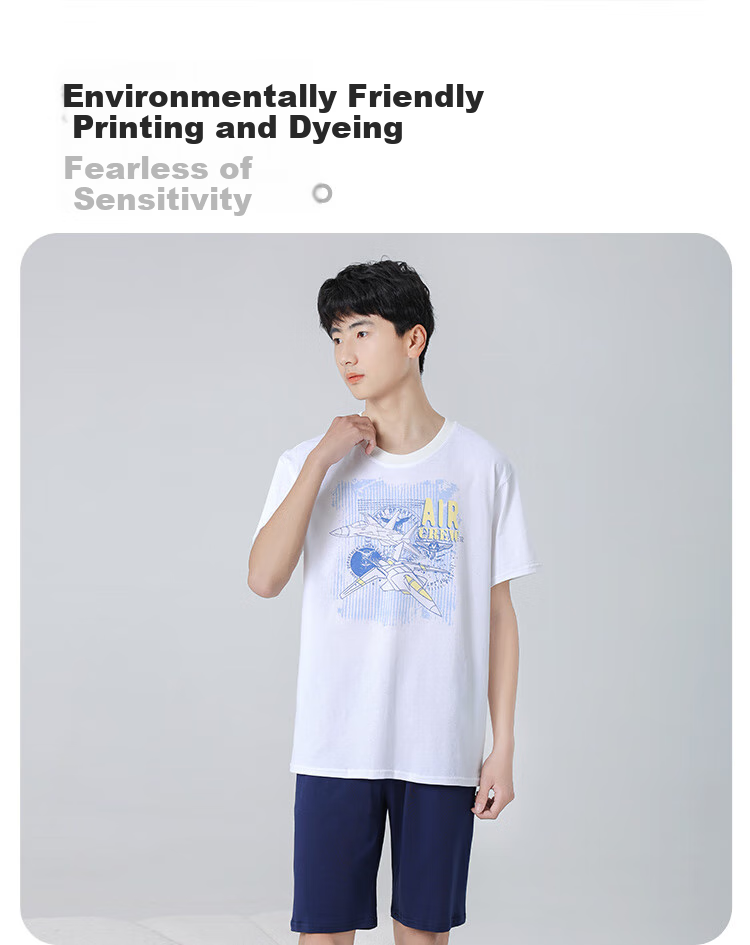 Hodo Youth Short-Sleeve Pajama Set, Summer Wear for Boys And Girls, Middle School Students, Pure Cotton Loungewear, Suitable for Outdoor Wear, N3357, Light Blue, Size 170 4