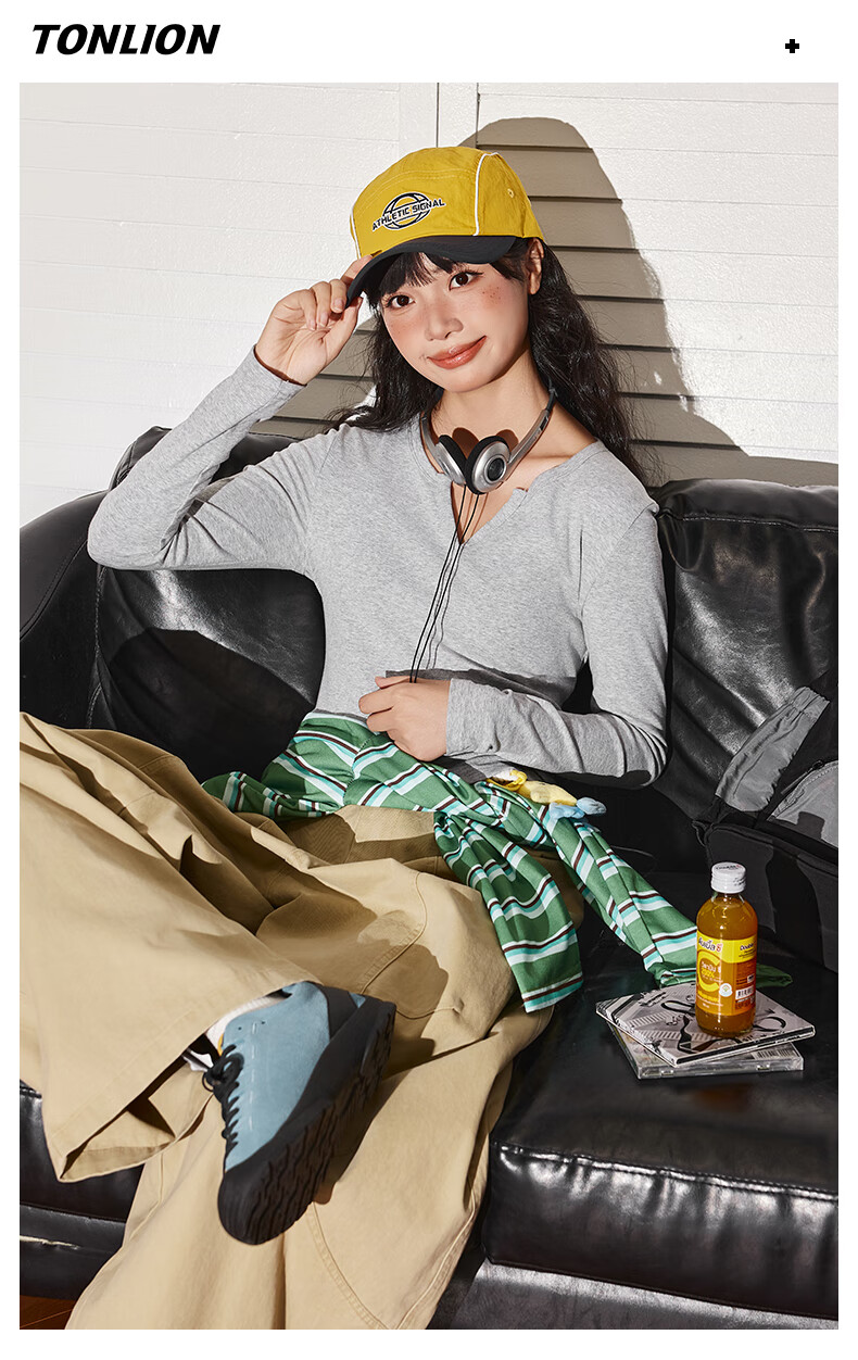 TonLion Women's Long Sleeve Cotton High Elasticity Solid Color Slim Fit V-Neck T-Shirt Autumn Winter New Design Top 7