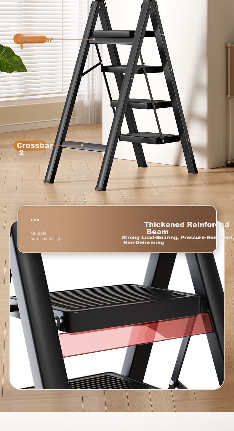 Cenggao Folding Ladder for Home Use, A-Frame with Handrails, Thickened Carbon Steel, Widened Steps, Yadian Black, Five Steps, Export Quality 6