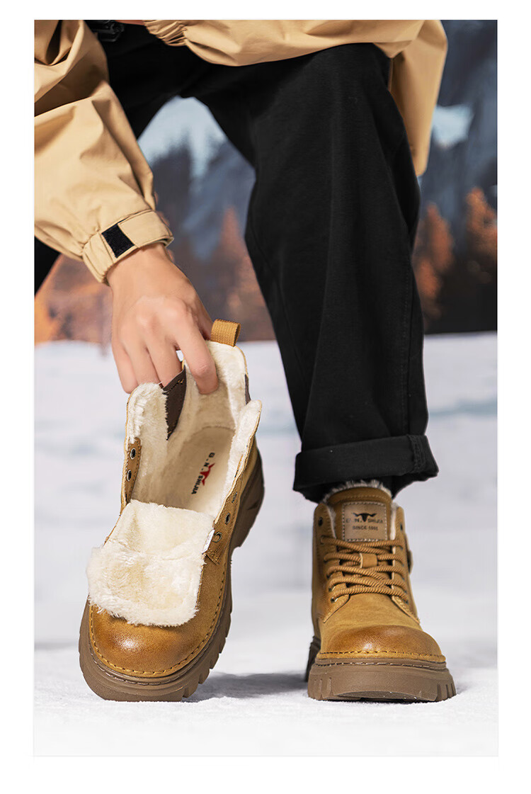 Bull Family Martin Boots Men 2026 Winter New Versatile Yellow Boots Fleece Lined Warm Snow Boots Men's Outdoor Hiking Shoes 54