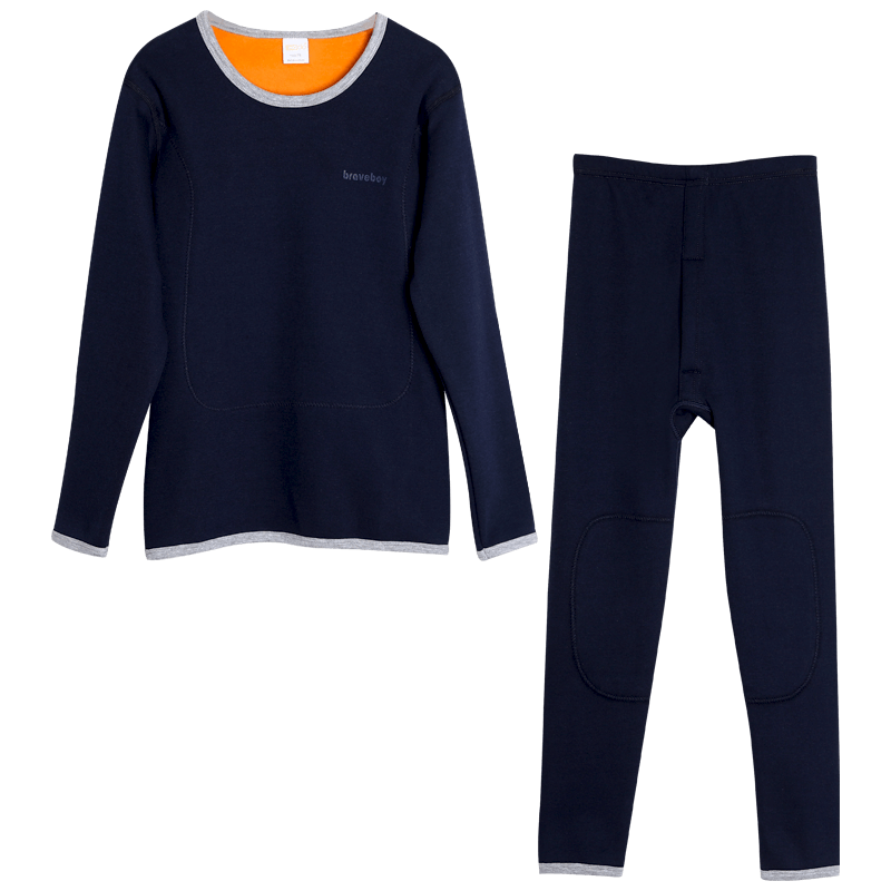 Hodohome Kids Thermal Underwear Boys A-Class Patch Stomach Warmer Back Protector Knee Pads Fleece Thickened Autumn Set 301 Blue 130