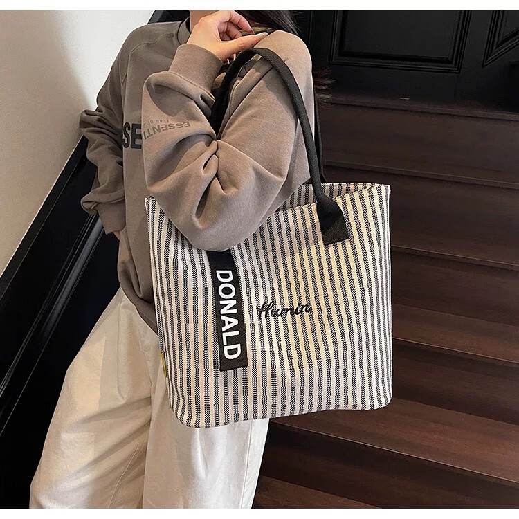 Kelorock Striped Large Capacity Canvas Bag for Women 2025 New Fashion Handheld Shoulder Shopping Tote Casual Commuter Bag 7