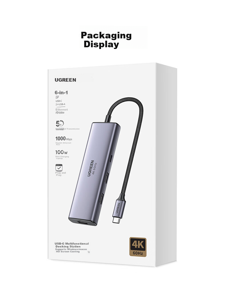 UGREEN Type-C to DP Hub, 4K 60Hz Expansion Dock, Gigabit Ethernet Port, DP Adapter, USB 3.0 Compatible, Suitable for Mac Thunderbolt 4 Laptops And Tablets Converter 26