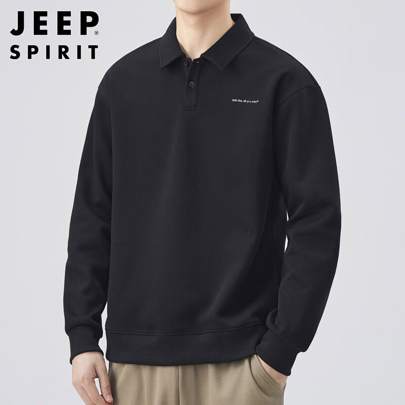JEEP SPIRIT Men's Polo Shirt Sweatshirt Autumn Winter Loose Long Sleeve Collared T-Shirt Top Black 4XL