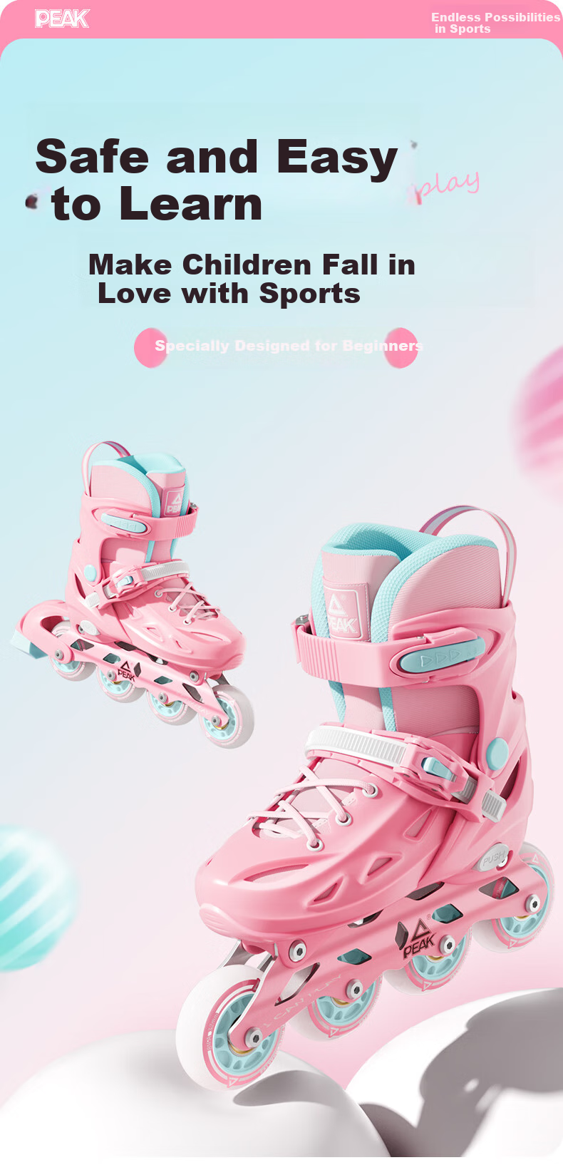 PEAK Roller Skates, Children's Inline Skates, Boys And Girls Roller Skates, Hip Protection [Elementary And Middle School Roller Skating Class], Birthday Gift, Blue M 1