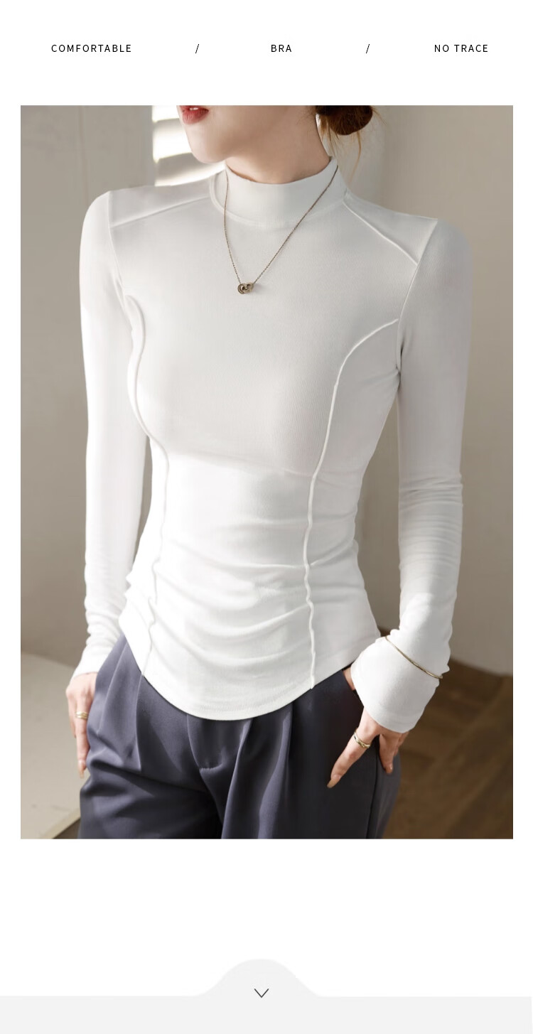 LangSha Women's Semi-Turtleneck Wool and Silk Thermal Slim Fit Herringbone Autumn Winter Base Layer Shirt 18
