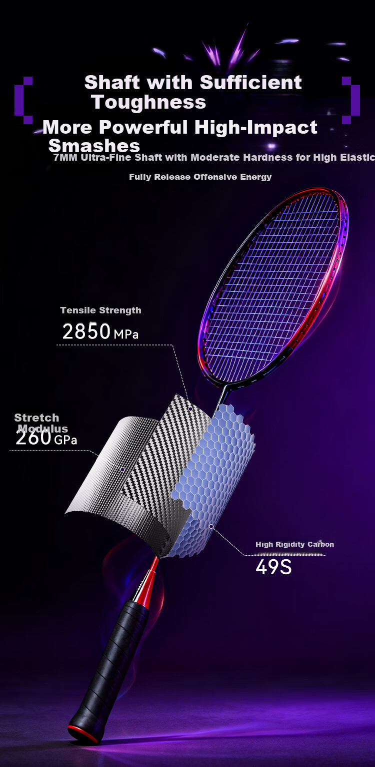 JD Original Baojun 50Pro Full Carbon 4U Ultra-Light Badminton Racket, Single Racket with Colorful Design, Includes 2 Grip Tapes + Racket Case / Black And Red 6