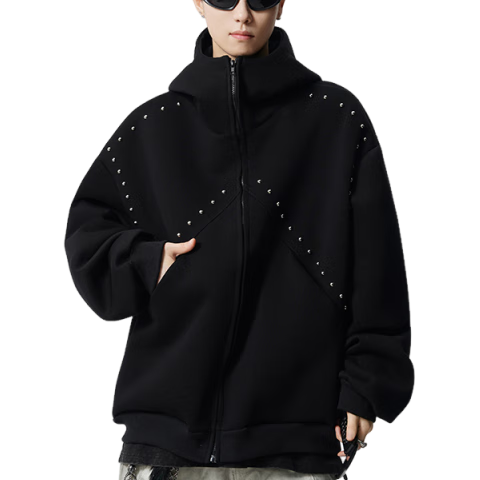 Homlean American Heavyweight Rivet Hooded Zip-Up Sweatshirt Men Autumn Trendy Loose Casual Jacket HX35 Black L
