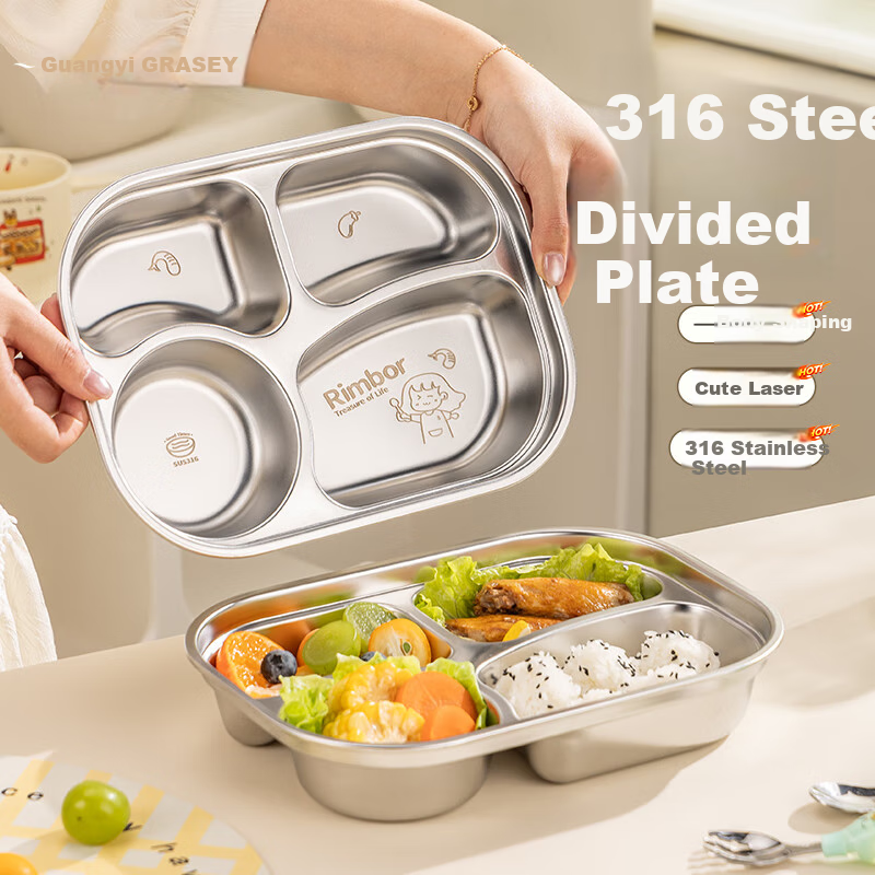 Guangyi 316 Stainless Steel Children's Divided Plate, Baby Home Use Four-Compartment Plate for Girls, Kindergarten Tableware GY1376