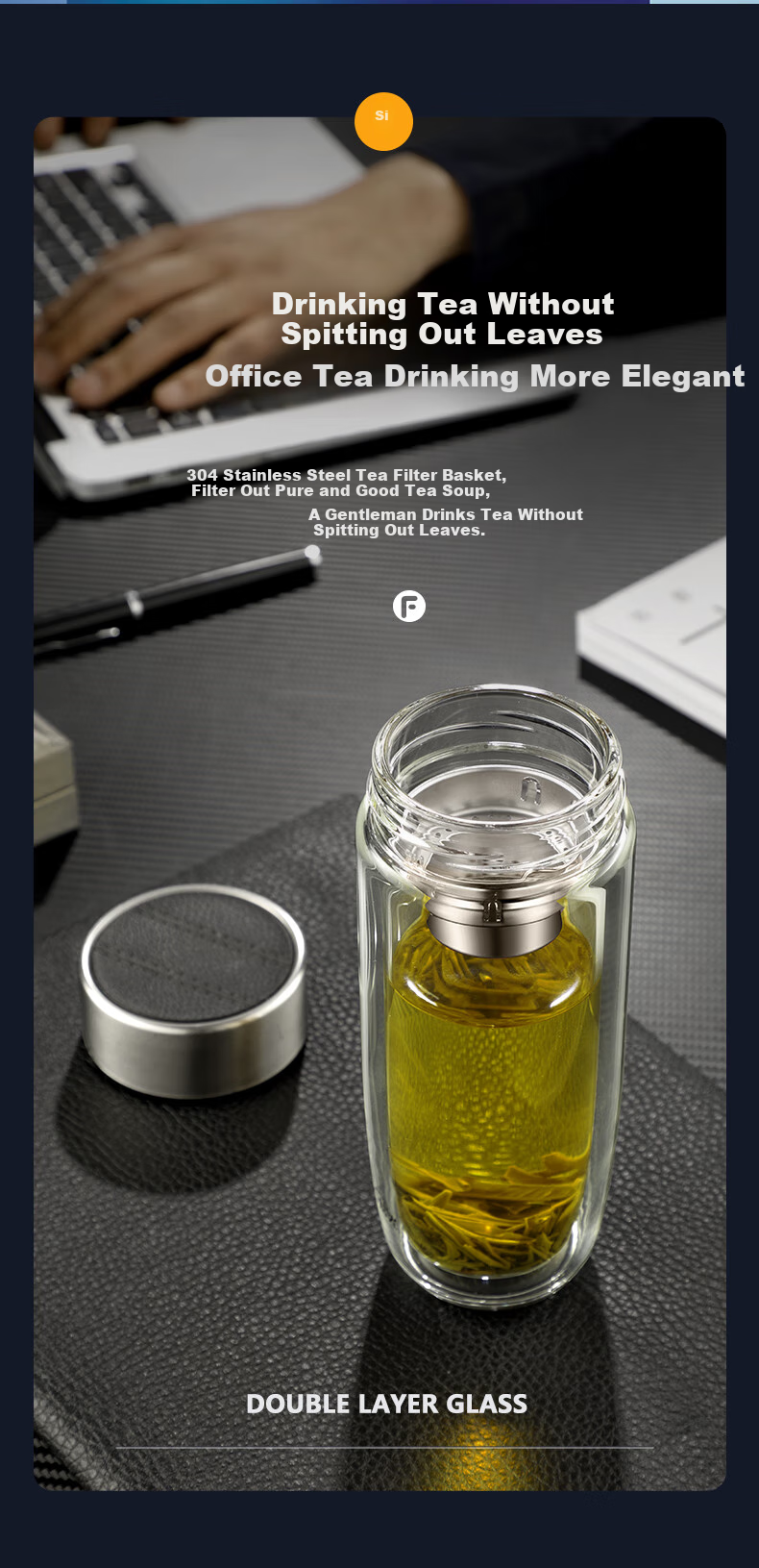 Fuguang Double-Layer Glass Cup with Tea Strainer, High Borosilicate Glass Water Bottle, Tea-Water Separation Car Tea Infuser Mug for Men 400ml 6