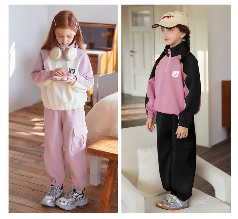 Follow Me Girls' Color Block Set Spring And Autumn Casual Sports Two-Piece Outfit Children's Jacket Knit Pants Purple/gray 140 2