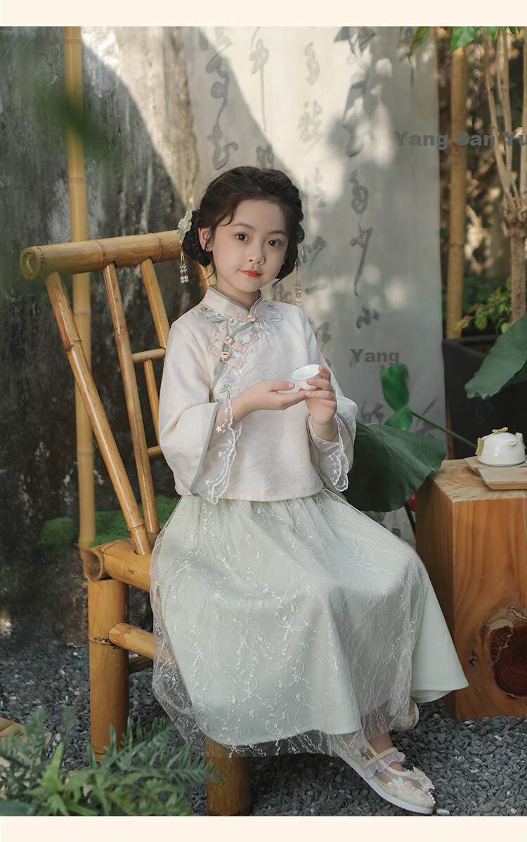 Qibo Hanfu Girls' Spring And Autumn Mid-Autumn Festival Kindergarten Performance Children's Chinese-Style New Traditional Set, Qingdai Long Sleeve, Size 100 10
