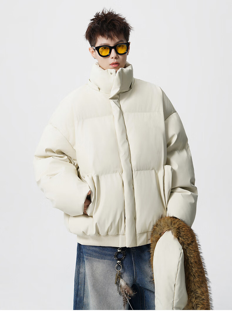 Colombass Trendy PU Leather Down Jacket Men Hooded Winter New Short Thickened Couple Loose Fur Collar Outerwear 5