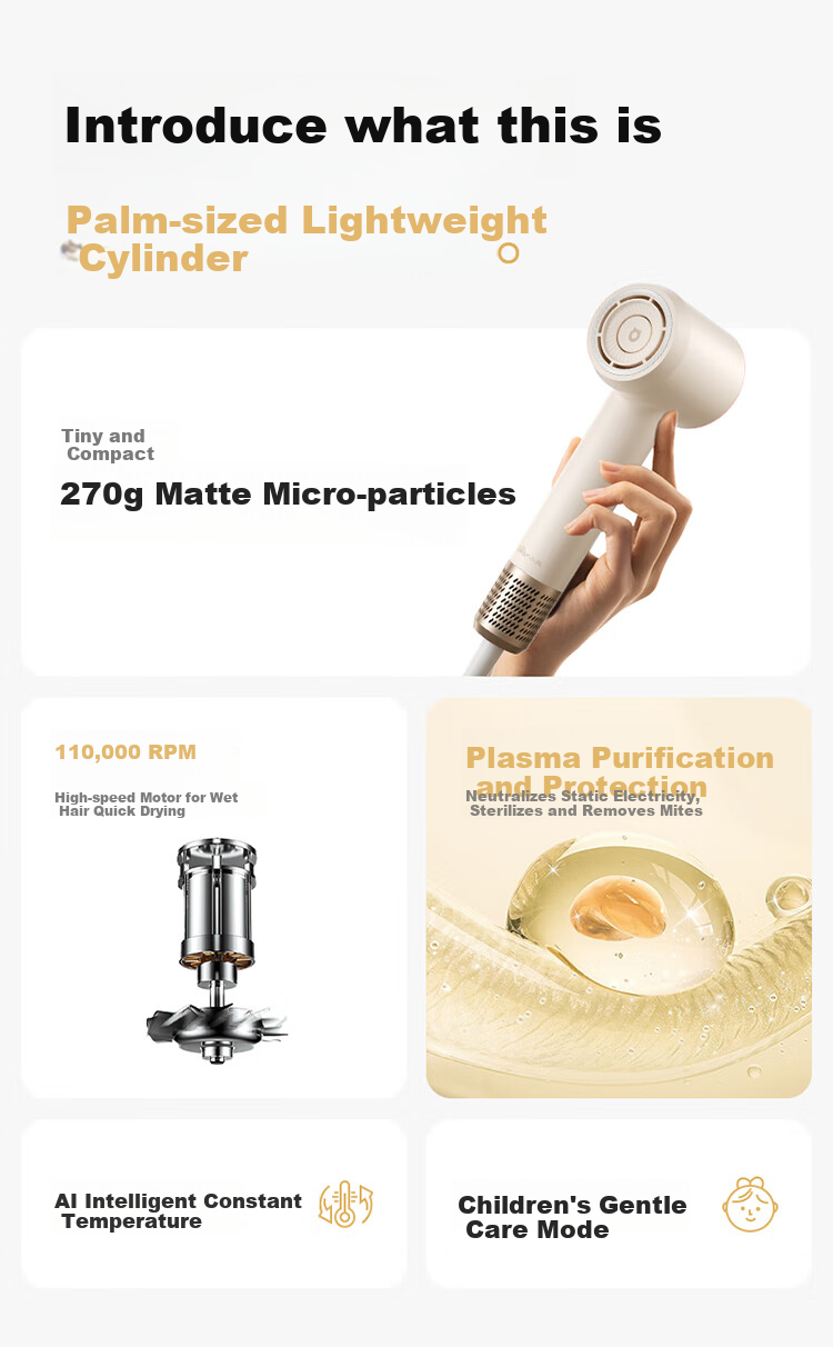 Bear High-Speed Hair Dryer, Plasma Negative Ion Hair Protection Electric Blower, Home Use Quick-Drying Hair Dryer, Portable Mini Small Size, Gift for Girls, Children, Students, Back-To Season And Mid-Autumn Festival 3