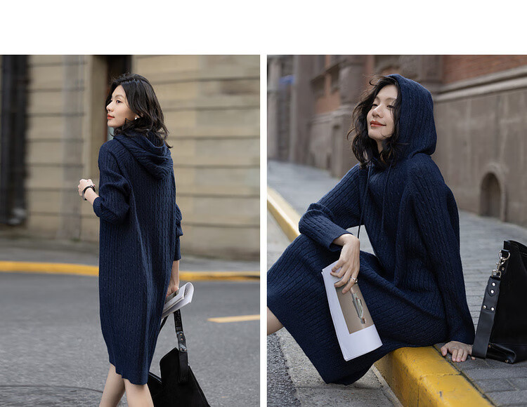 Demana Baby Skin Touch Spring Korean Style Hooded Cable Knit Loose Fit Mid-Length Dress for Women 16