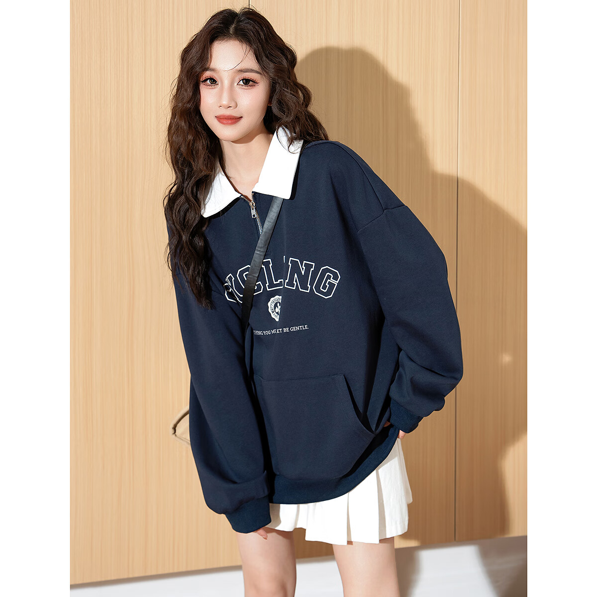 TonLion 2025 Autumn Women's Lapel Color-Block Front Chest College Letter Sweatshirt