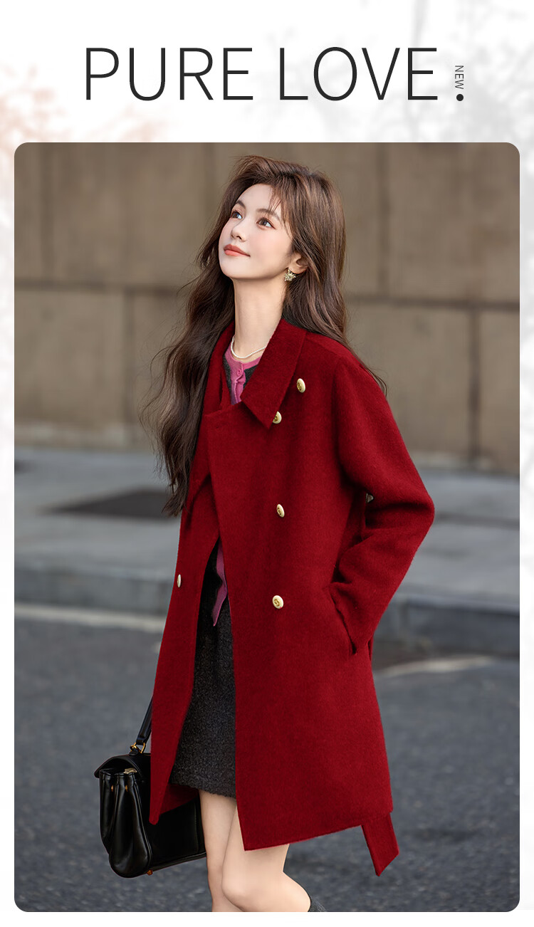 Bailuyu Qianjinfeng Wool Blend Double-Sided Woolen Coat 25 Winter New Year Red Mid-Length Elegant Women's Coat Red M 1