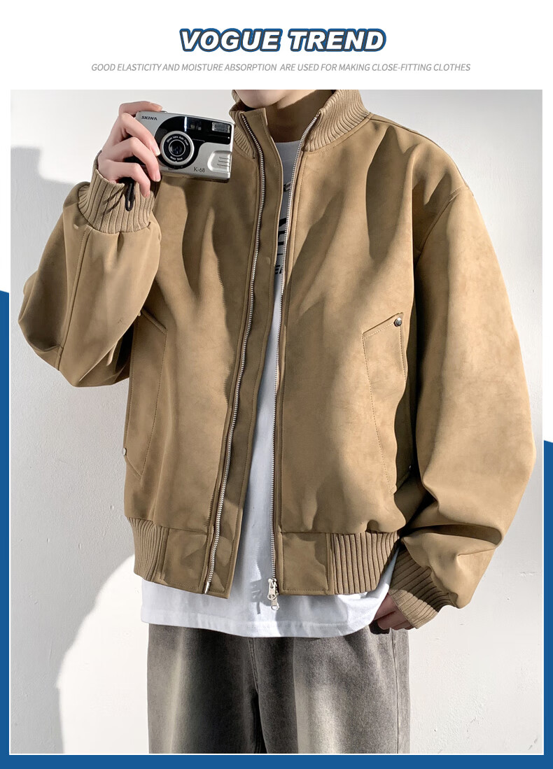 Foss Phil Men's Flight Jacket Spring Autumn Mallard Retro Stand Collar Casual Leather Jacket JK852 Coffee Color 2XL 2